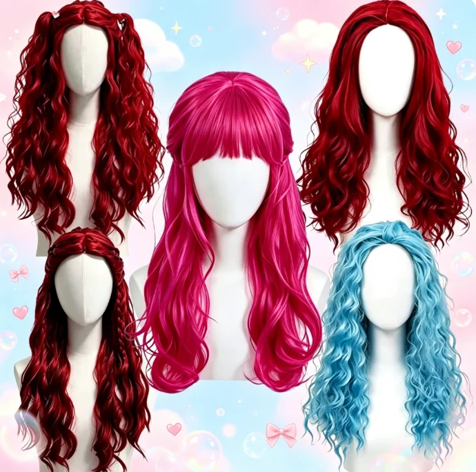 Women'S Red Accessories - 2026 Red Blue Long Curly Synthetic